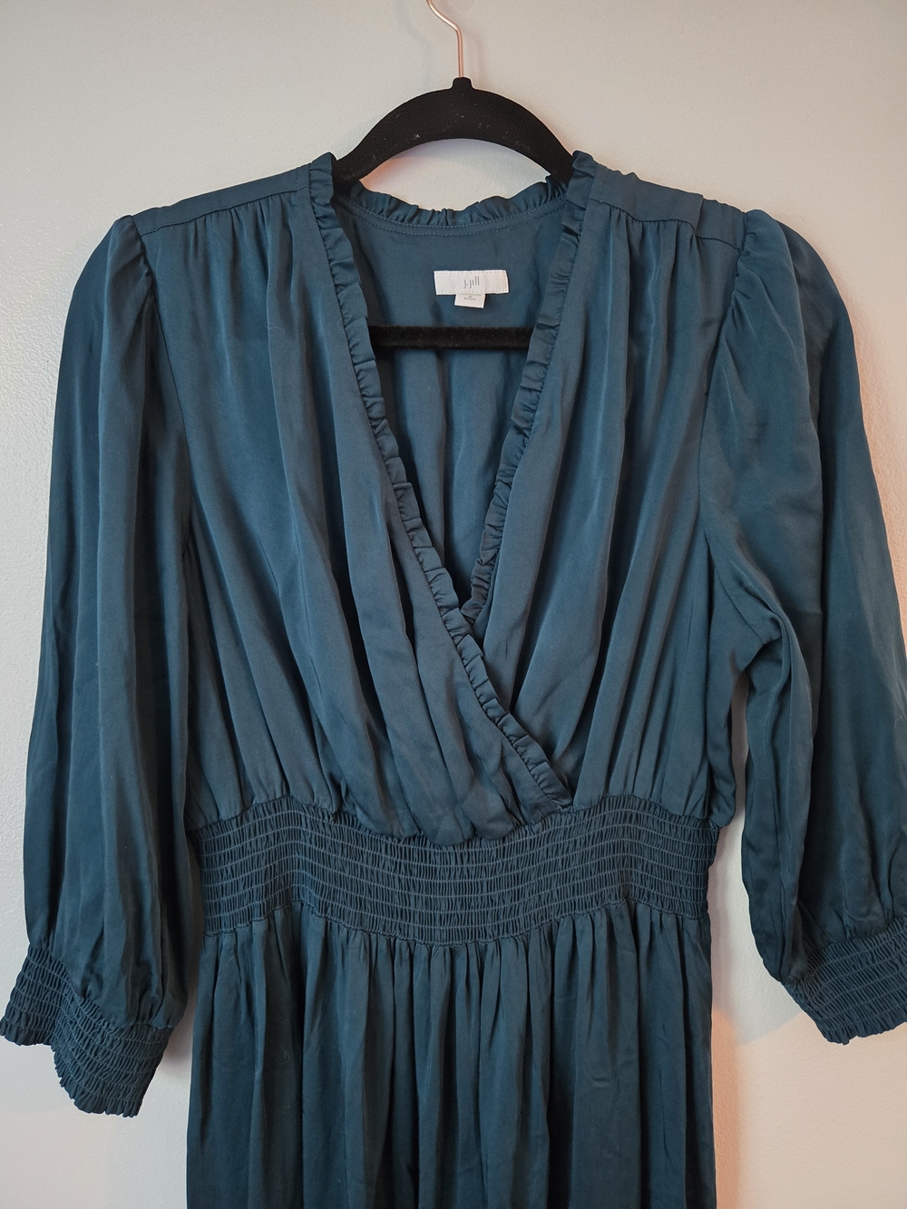 J. Jill Teal Green Ecovero Viscose Maxi Dress Smocked Faux Wrap Medium Petite - Picture 5 of 10